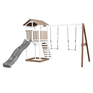 Aire de jeux en bois blanc/marron avec 2 balançoires et toboggan gris Beach Tower Axi 