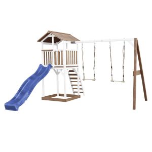 Aire de jeux en bois blanc/marron avec 2 balançoires et toboggan bleu Beach Tower Axi 