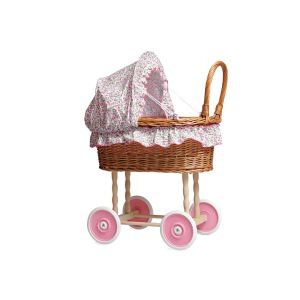 Landau en osier pour poupées parure à fleurs roses - Egmont
