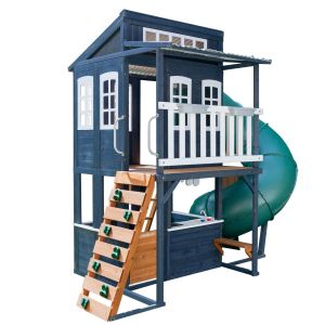 Blaues Spielhaus aus Holz mit Röhrenrutsche Cozy Escape KidKraft