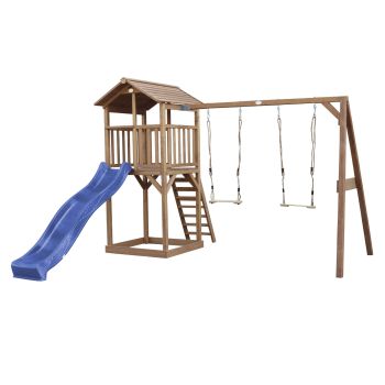 Aire de jeux en bois marron avec 2 balançoires et toboggan bleu Beach Tower Axi 