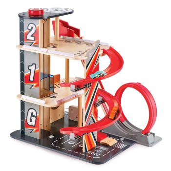 Garage en bois avec looping et rampes pour petites voitures jouet Hape