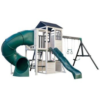 Großer weißer Spielplatz aus Holz mit 2 Wrangler Way Rutschen KidKraft