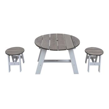 Runder Picknicktisch und zwei Hocker aus braunem/weißem Holz Axi