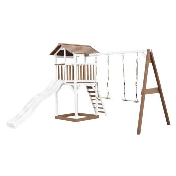 Holzspielplatz weiß/braun mit 2 Schaukeln und weißer Rutsche Beach Tower Axi