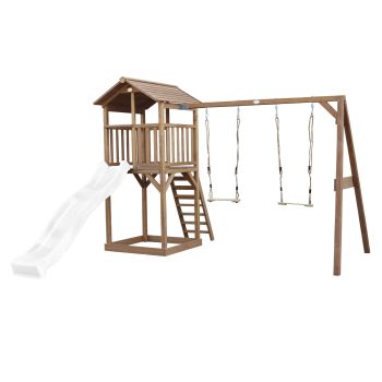 Brauner Holzspielplatz mit 2 Schaukeln und weißer Rutsche Beach Tower Axi