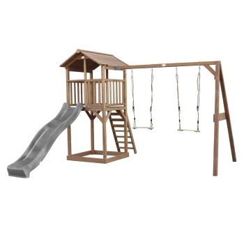 Aire de jeux en bois marron avec 2 balançoires et toboggan gris Beach Tower Axi 