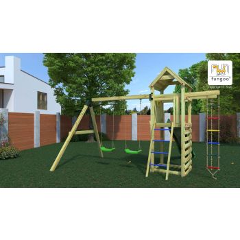 Aire de jeux avec échelle à corde et 2 balançoires Gaia de chez Fungoo