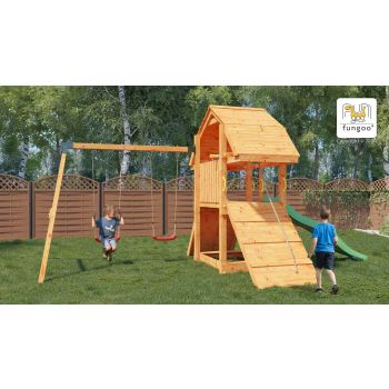 Holzspielplatz Buffalo mit 2 Schaukeln und Rutsche von Fungoo