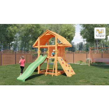 Holzspielplatz Buffalo mit Kletterwand und Rutsche von Fungoo