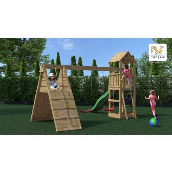 Fleppi-Spielplatz aus Holz mit Rutsche und 2 Schaukeln von Fungoo