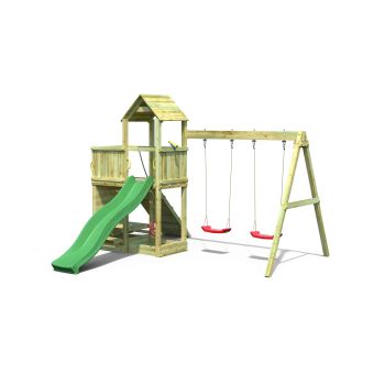 Floppi-Spielplatz aus Holz mit einem Tisch und 2 Schaukeln von Fungoo