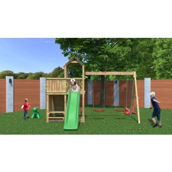 Floppi-Spielplatz aus Holz mit einem Tisch und 2 Schaukeln von Fungoo