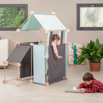 Riesenbaukasten aus Holz und blauem Bio-Stoff hergestellt in Spanien Family Trigonos
