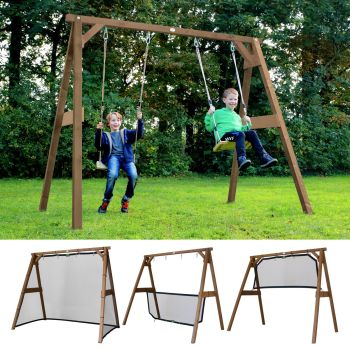 Portique en bois 2 balançoires et filet de but de foot 4-en-1 SportsFun AXI