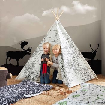 Tipi-Zelt schwarz-weiß bedruckt Weltkarte Sunny