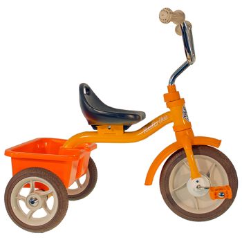 Orangefarbenes Metalldreirad mit Kipper Italtrike