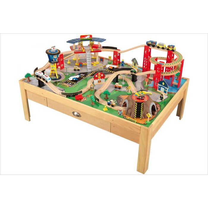 Table Circuit Train en Bois 100 Accessoires avec Tiroir de