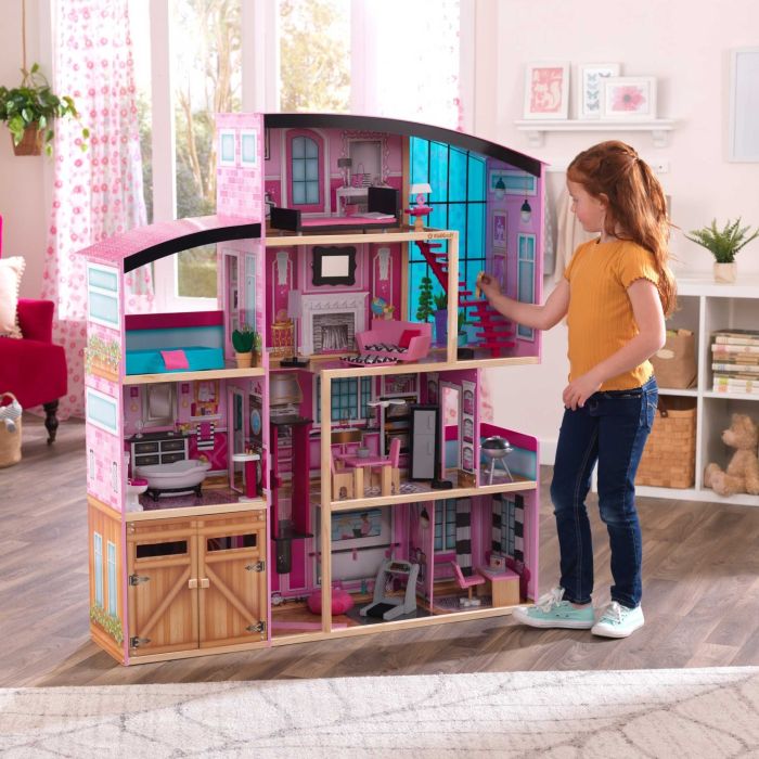 Maison de poup e en bois rose et noire avec son et lumi re